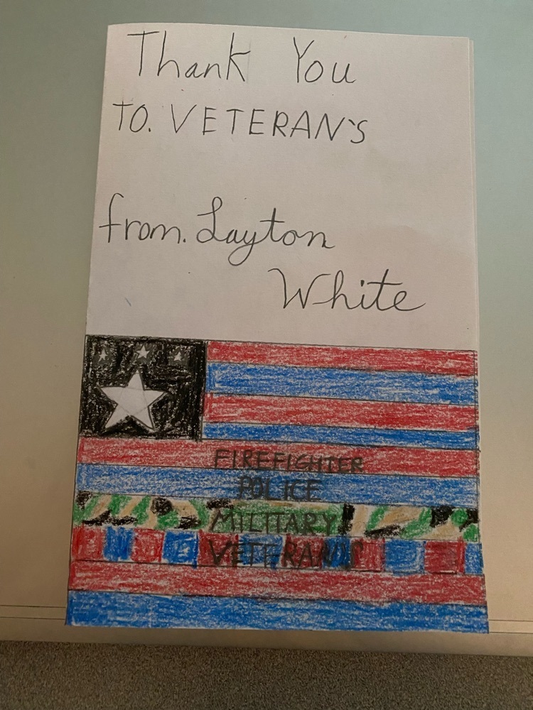 a thank you card to a veteran with a student drawing of a flag